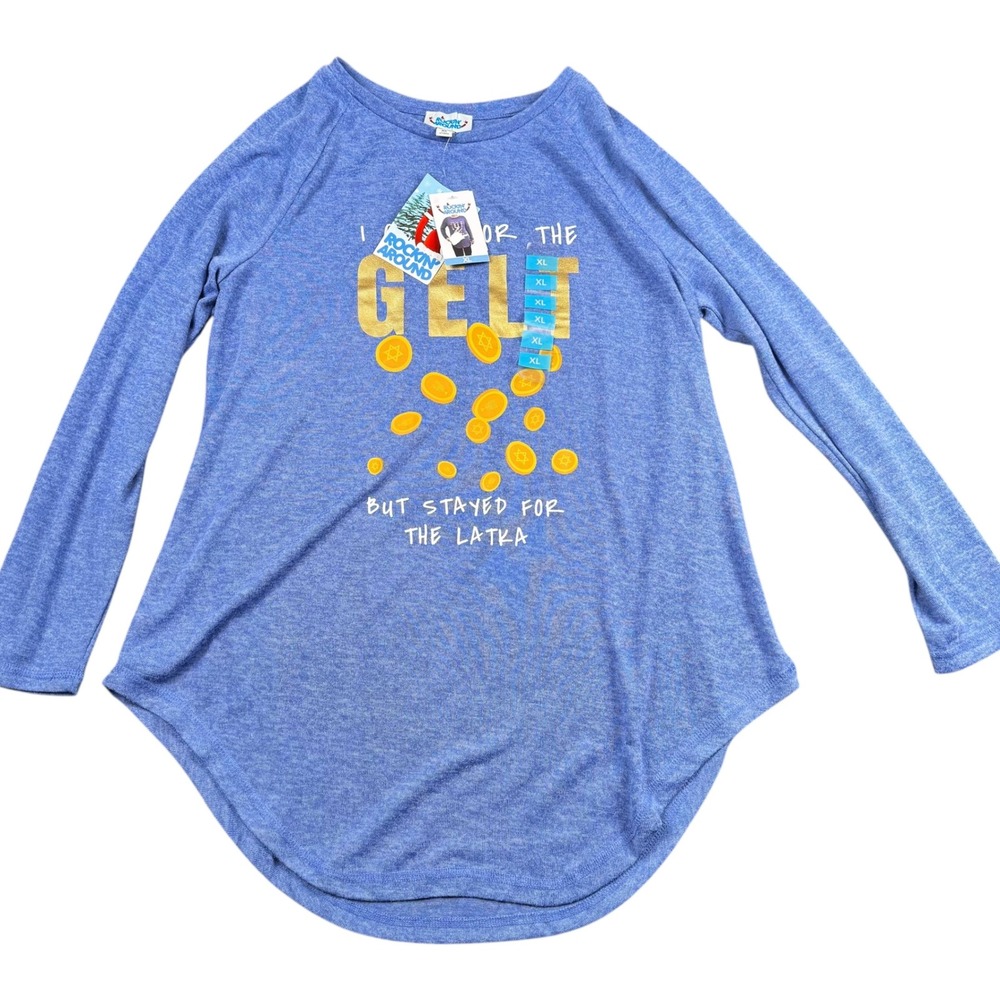 Rockin Around Hanukkah Gelt Latka Graphic Tunic Top Blue XL NWT 673‎
